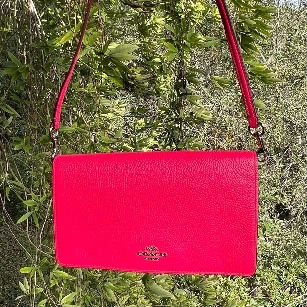 COACH Shoulder Bag Purse Fold-over Clutch Bag Pink Pebble Leather AUTHENTIC - Picture 3 of 10